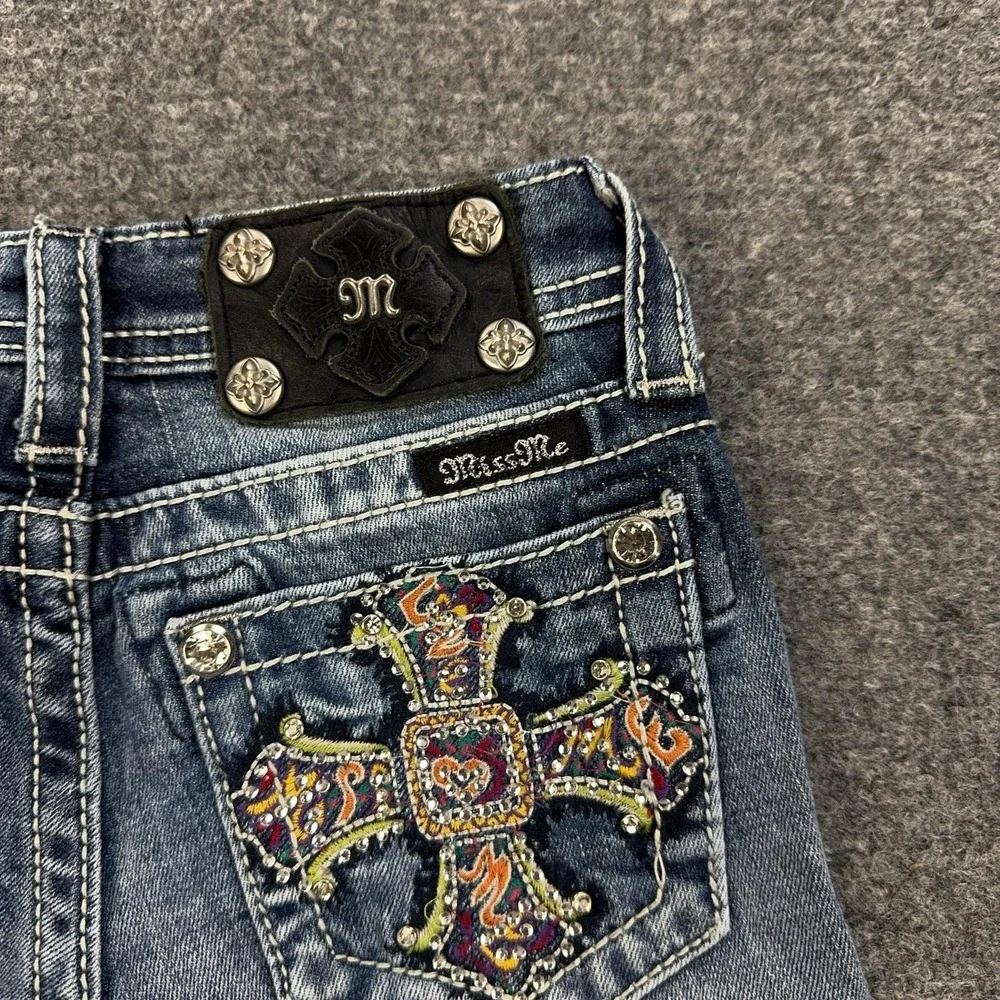 Miss Me Shorts Girls 8 Blue Denim Jean Bermuda Embroidered Cross Pocket Stretch